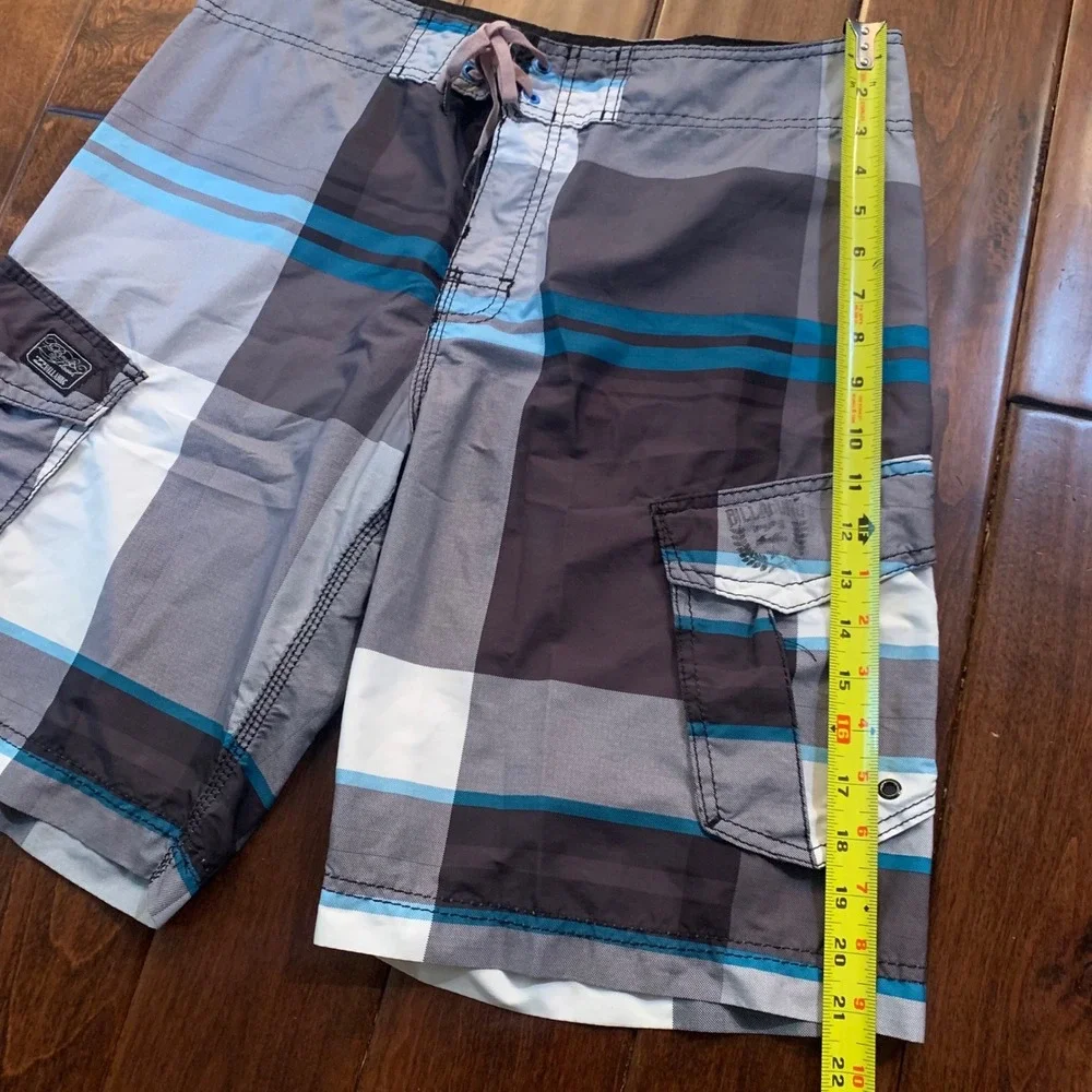 Billabong Mens Plaid Board Shorts Blue Grey Cargo Swim Trunks‎ Size 34 M115KMEA